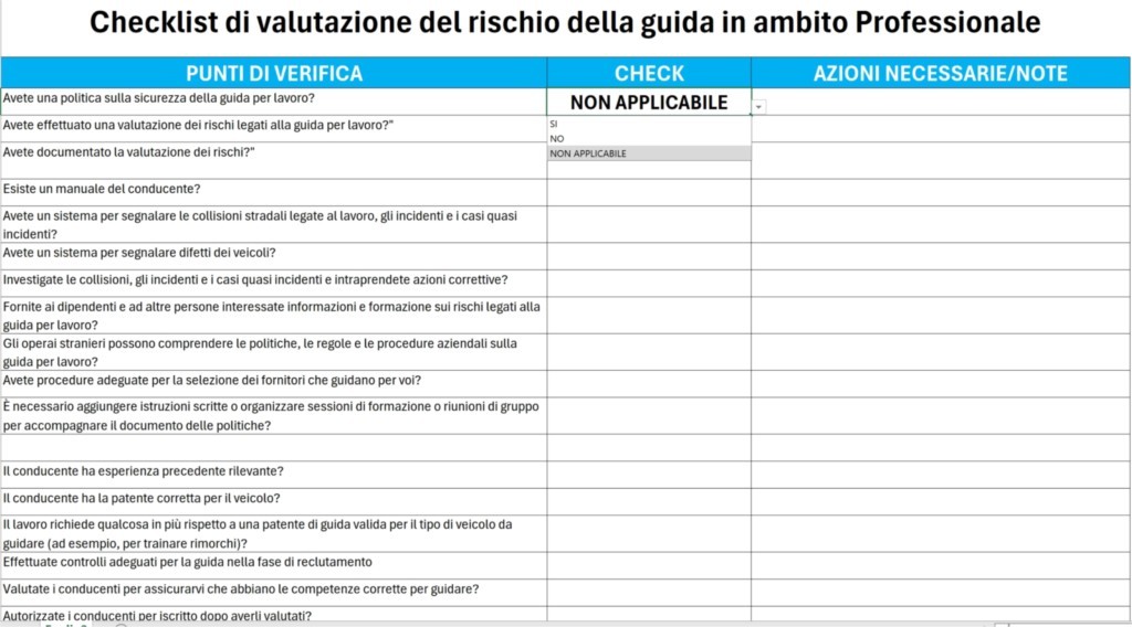 CHECKLIST DI VALUTAZIONE DEL RISCHIO DELLA GUIDA IN AMBITO PROFESSIONALE