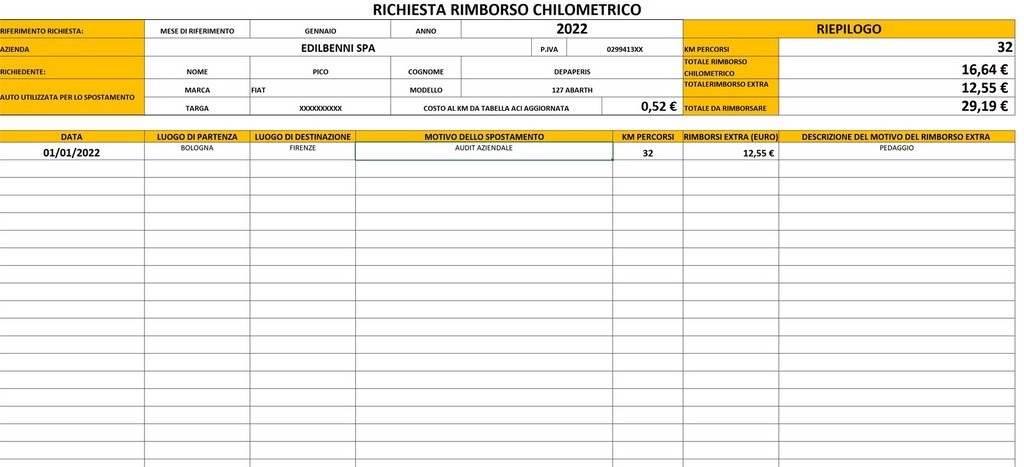 Modulo rimborso chilometrico Excel