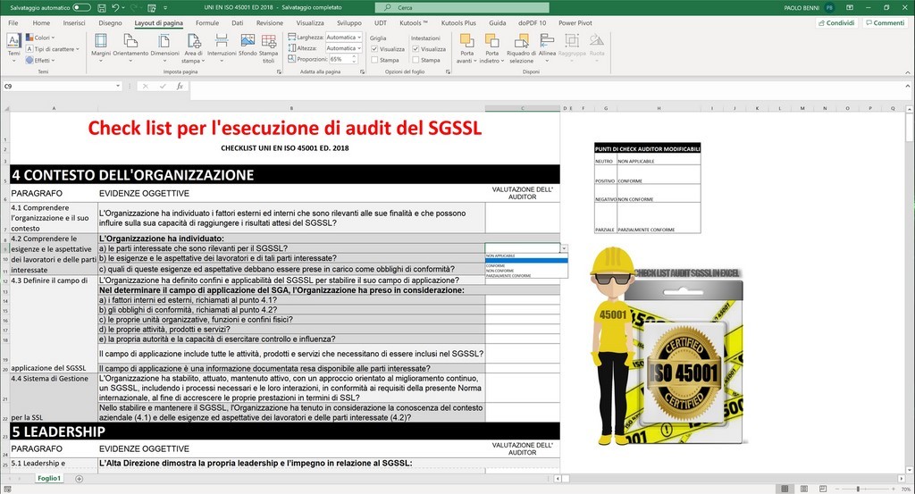 Punti di Check presenti nella Check List audit SGSSL - ISO 45001:2018 (IT) im excel.