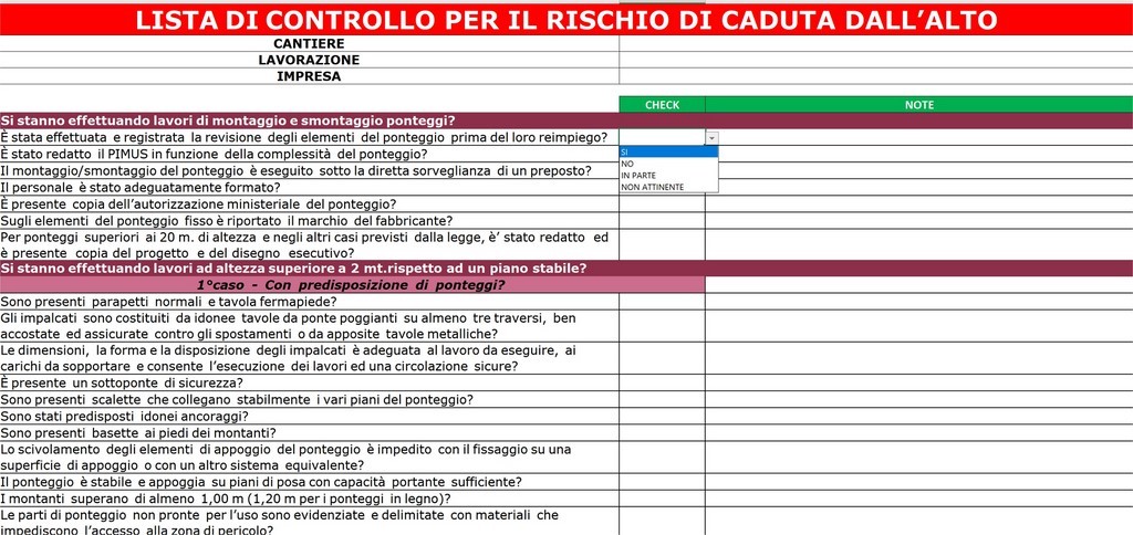 LISTA DI CONTROLLO EXCEL PER IL RISCHIO DI CADUTA DALL’ALTO NEI CANTIERI 