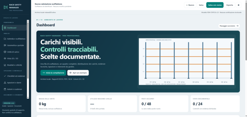 verifica dei carichi con web app — distribuzione, baricentro, pressioni a pavimento