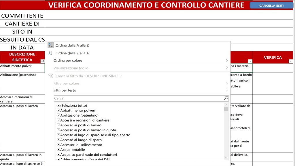 Check List excel controllo sicurezza cantiere edile per il Cse